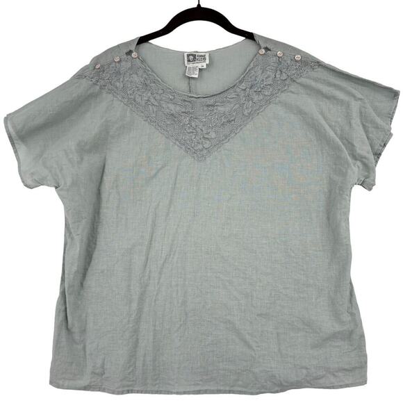 Anne Klein Blouse Size 14 Seafoam Green Cotton Linen Blend Embroidered Lace - Picture 1 of 9